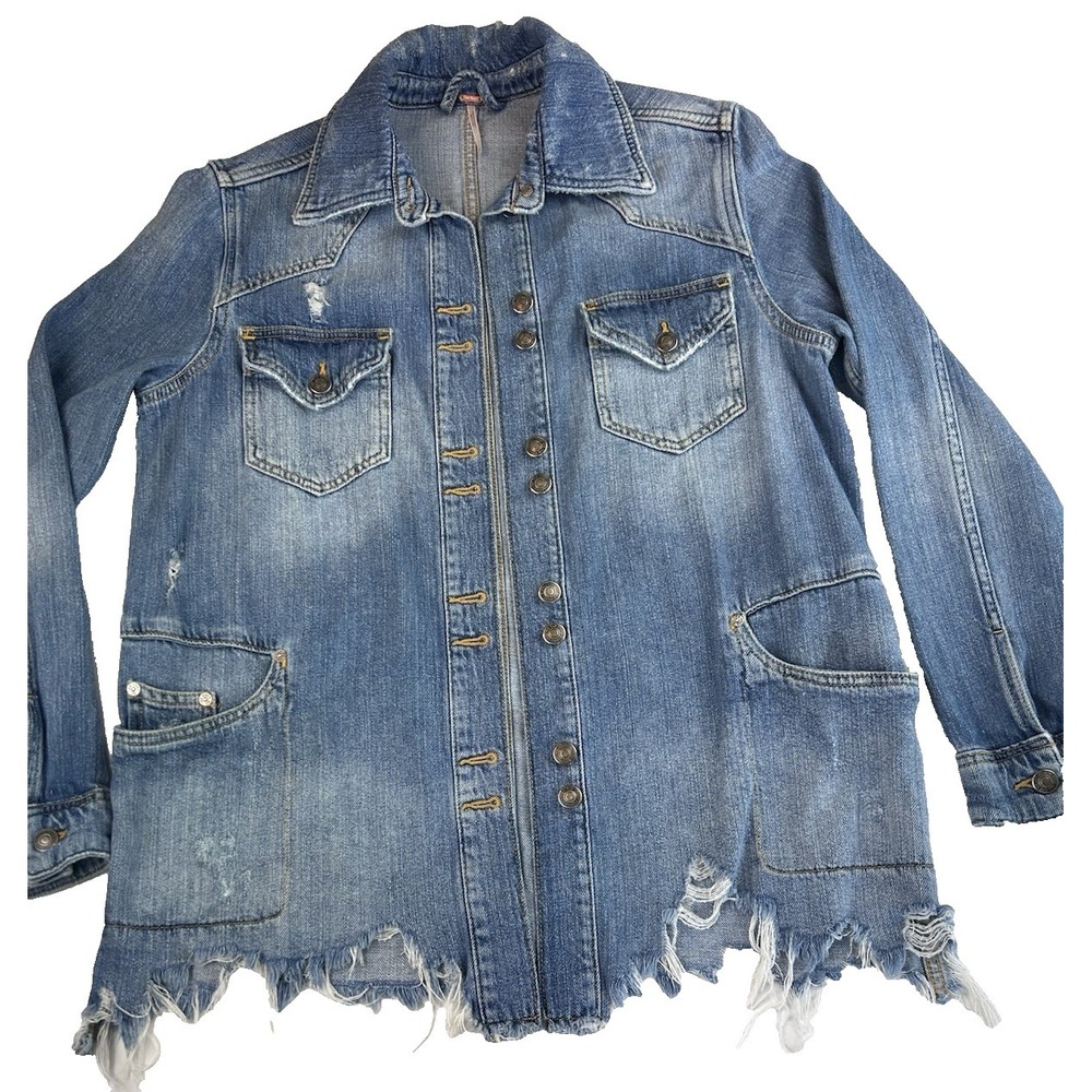 Free People Oversized Distressed Denim Raw Hem Jacket Size XS - Picture 2 of 9